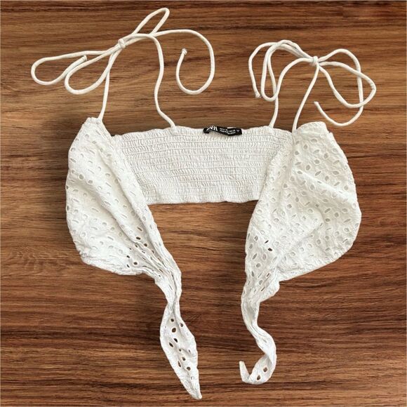 Zara White Eyelet Tie-Front Camisole Crop Top Preowned Chic Layering Top - Picture 2 of 5